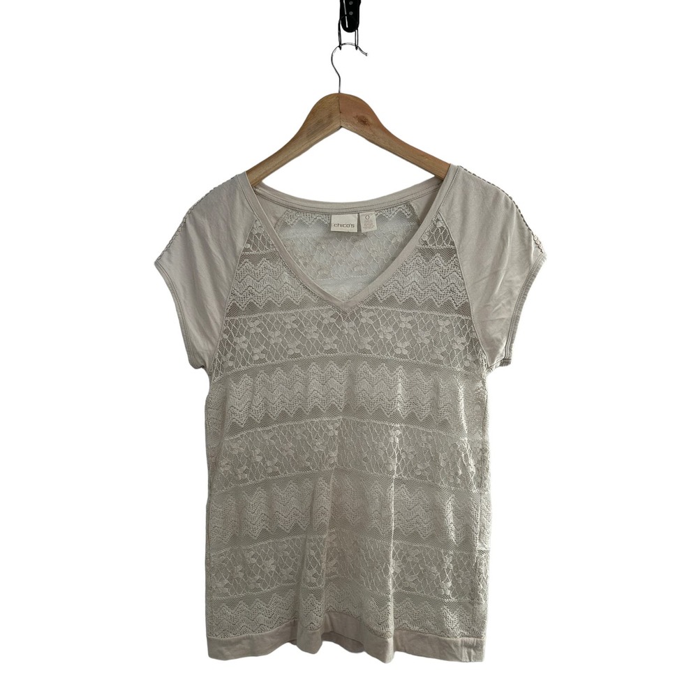 Chico's Light Tan V Neck Lace Sheer Short Sleeve‎ Top Size 0